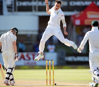Dale Steyn of South Africa celebrates getting a wicket