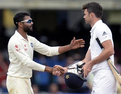 Ravindra Jadeja (left) shakes James Anderson's hand after the Lord's Test