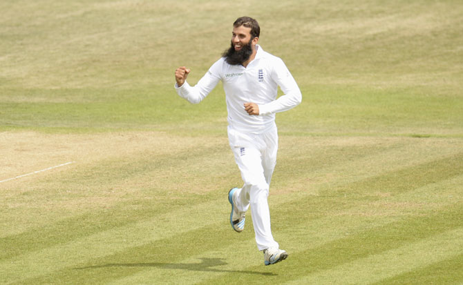 Moeen Ali celebrates after taking a wicket in the third Test against India at Southampton
