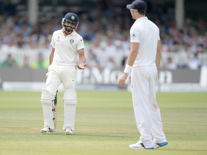 Ravindra Jadeja and James Anderson exchange words during Day 4 of the second Test between India and England at Lord's