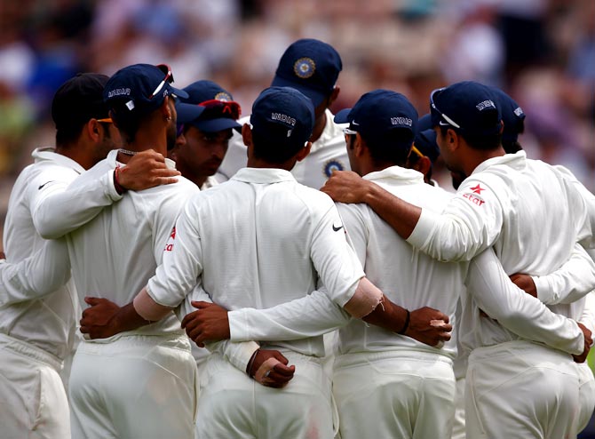 The Indian team form a huddle during the third Test match in Southampton