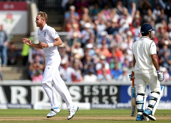 Stuart Broad celebrates after dismissing India batsman Mahendra Singh Dhoni
