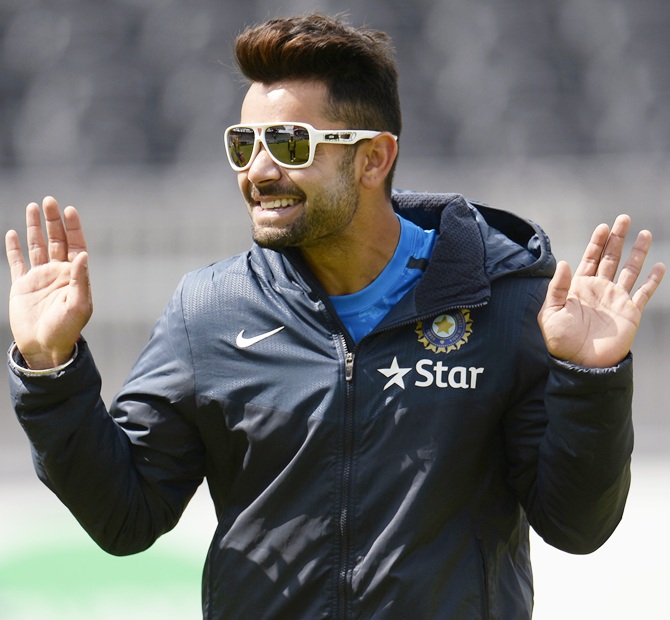 India's Virat Kohli gestures during a training session before the fourth cricket Test match against England at the Old Trafford