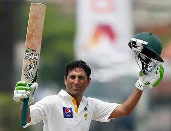 Pakistan's Younis Khan celebrates after completing 150 runs on the second day of the first Test against Sri Lanka in Galle