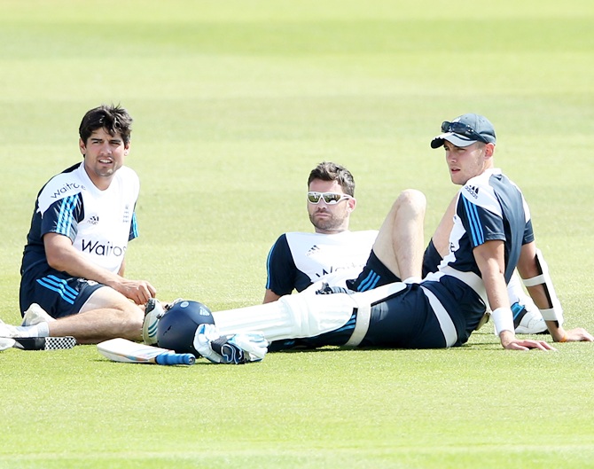 Alastair Cook, James Anderson and Stuart Broad during an England nets session