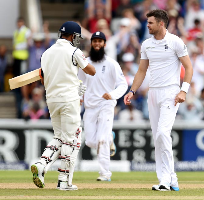 James Anderson (right) celebrates after after dismissing India batsman Ravindra Jadeja