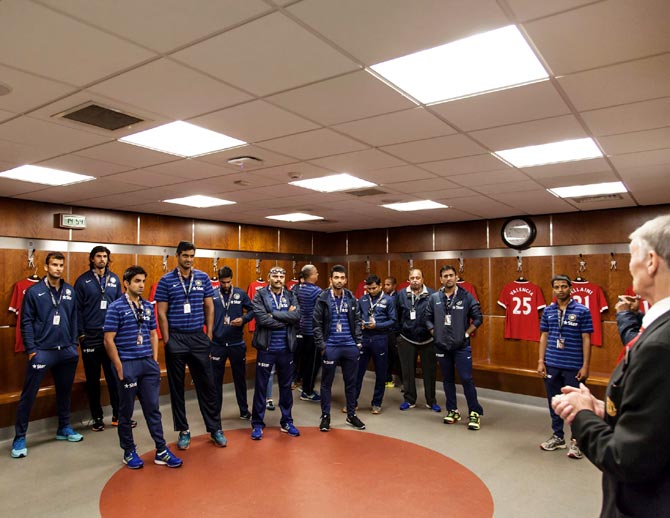 The Indian cricket team captain MS Dhoni and his teammates take a tour of Old Trafford ahead of the fourth cricket Test between England and India