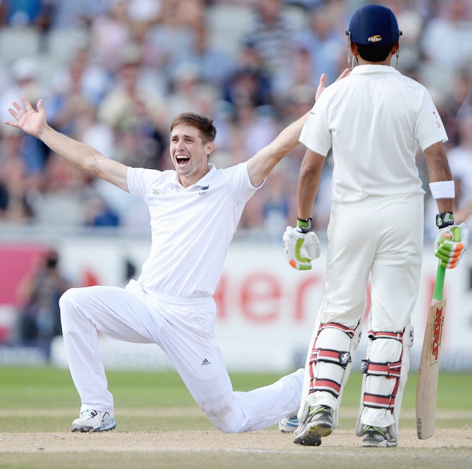 Chris Woakes successfully appeals for the wicket of Murali Vijay