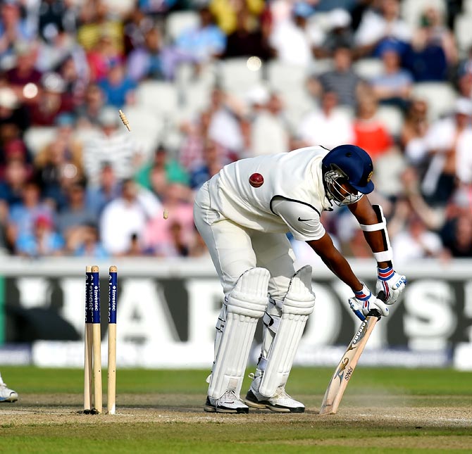 India batsman Pankaj Singh is bowled by Chris Jordan