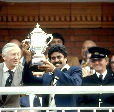 Indian captain Kapil Dev lifts the 1983 World Cup trophy.