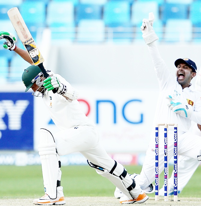 Prasanna Jayawardene of Sri Lanka appeals the wicket of Junaid Khan of Pakistan