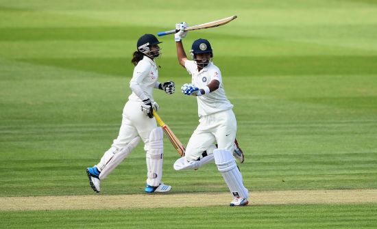 Shikha Pandey of India celebrates as she and Mithali Raj lead India to victory   during Day Four of the Womens Test match between England and India at Wormsley Cricket Ground