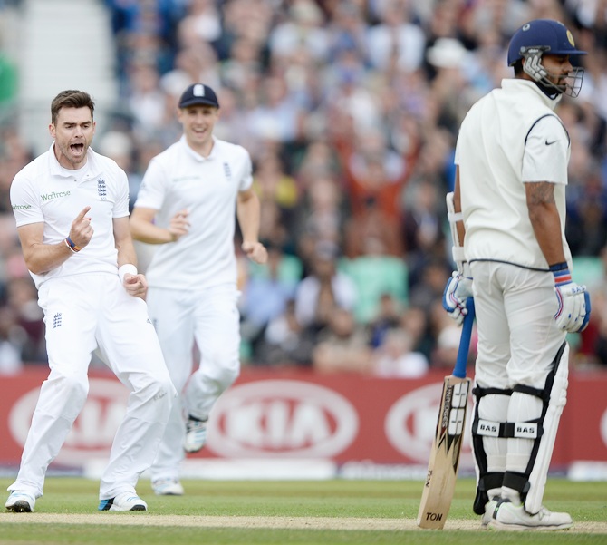 James Anderson of England successfully appeals for the wicket of Murali Vijay of India