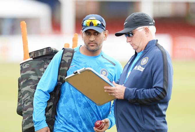 India captain Mahendra Singh Dhoni and head coach Duncan Fletcher during a nets session in England