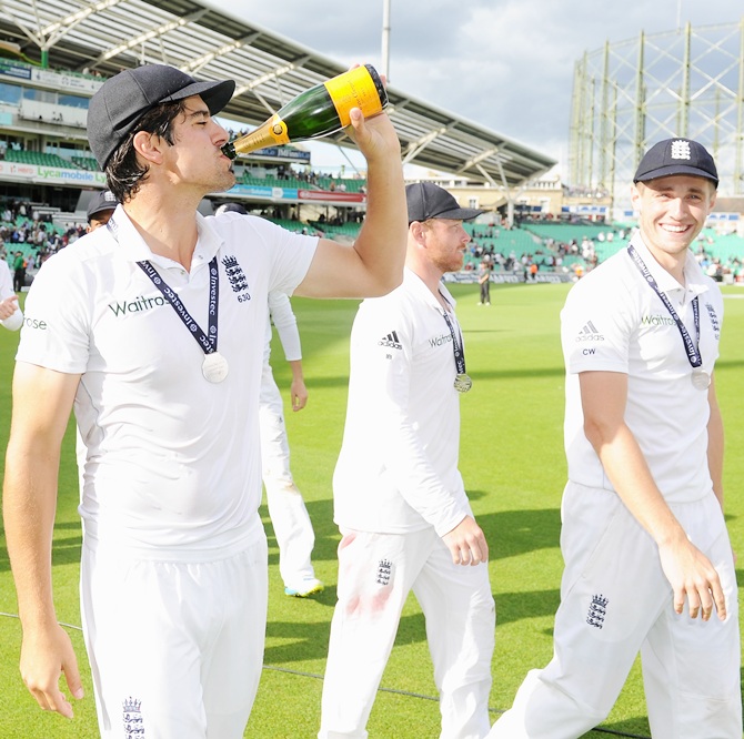 England captain Alastair Cook after winning the series trophy after winning the 5th Investec Test against India at The Kia Oval