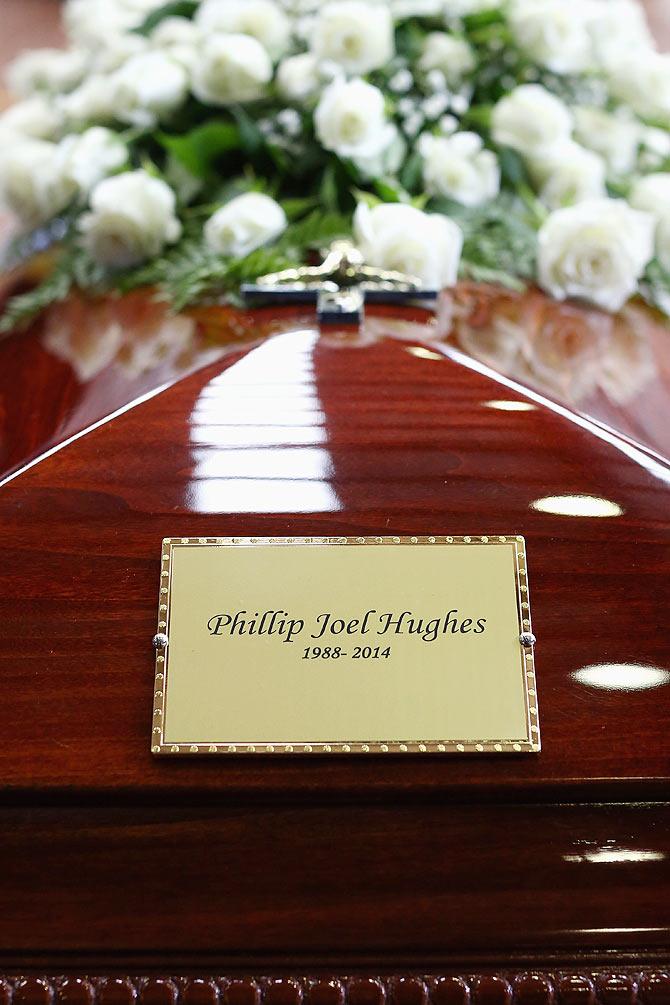 The coffin of Phillip Hughes is seen inside the Macksville High School Stadium ahead of the funeral service on Wednesday