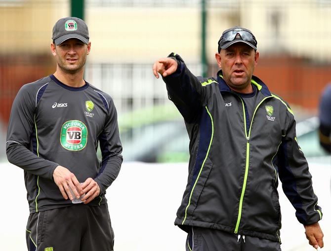 Australia coach Darren Lehmann (right) with Michael Clarke