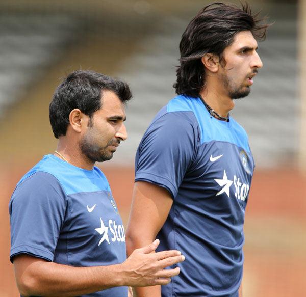 India bowlers Mohammad Shami (left) and Ishant Sharma during a training session.