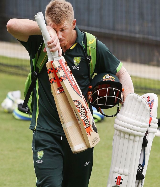 David Warner finishes batting during an Australian nets session at Adelaide 