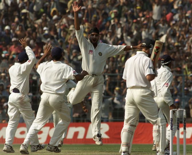 Harbhajan Singh (centre) celebrates the wicket of Ricky Ponting during the third Test match at the Eden Gardens in Kolkata in 2001
