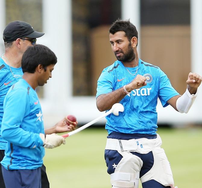 Cheteshwar Pujara during an India nets session