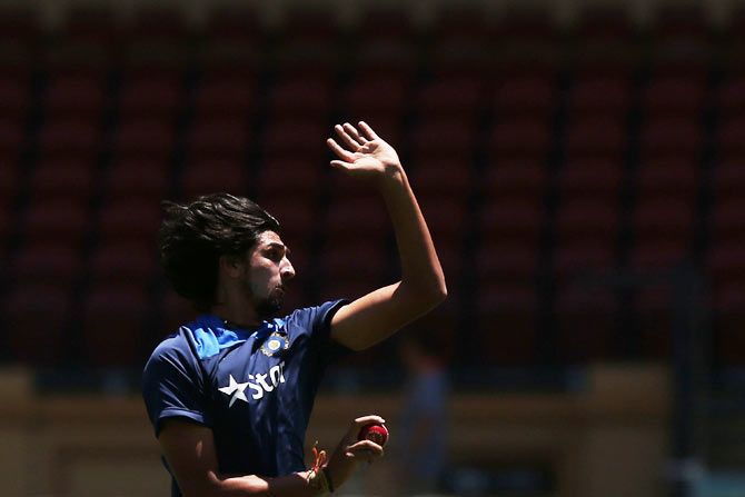 Ishant Sharma bowls in the nets during a team training session at Adelaide Oval on Monday
