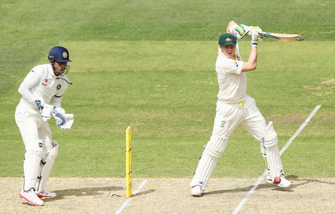 Steve Smith of Australia plays a cut short on Tuesday