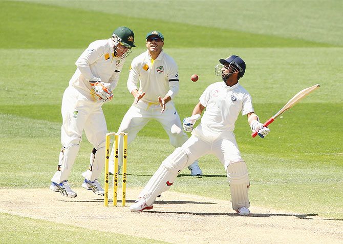 Ajinkya Rahane is surprised by the bounce of a Nathan Lyon delivery that eventually brought his downfall on Thursday