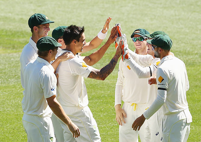 Mitchell Johnson celebrates after taking the wicket of Shikhar Dhawan