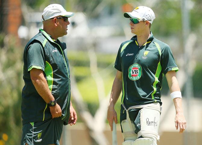 Coach Darren Lehmann and Steve Smith talk during an Australian Nets Session at The Gabba