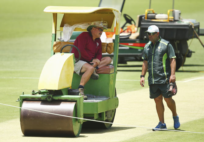 Gabba curator Kevin Mitchell Jr and Australia coach, Darren Lehmann speak on Tuesday