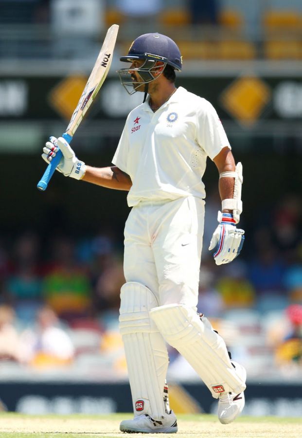 Murali Vijay of India celebrates scoring fifty against Auatralia on Day 1 of the 2nd Test at The Gabba in Brisbane on Wednesday
