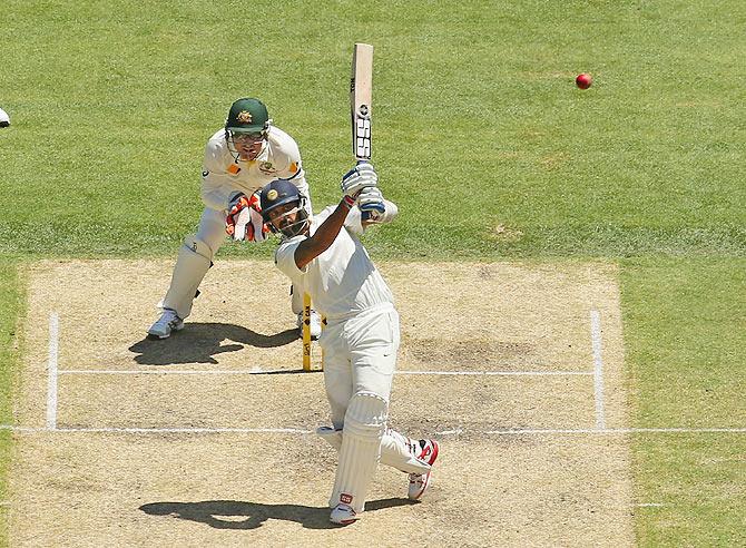  Murali Vijay hits a six off Nathan Lyon in the first Test at Adelaide