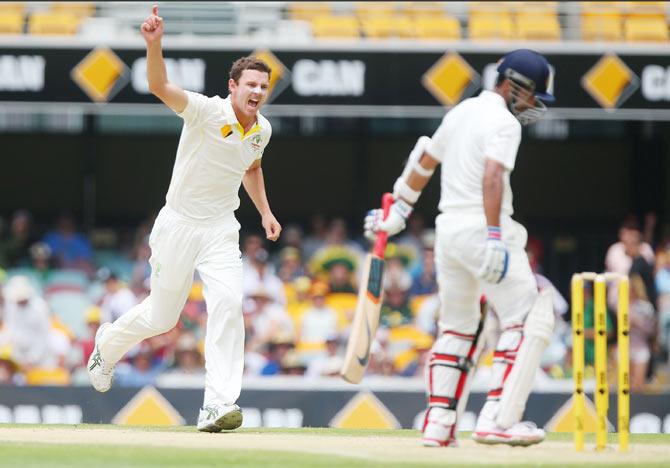 Josh Hazlewood celebrates after dismissing Ajinkya Rahane on Thursday