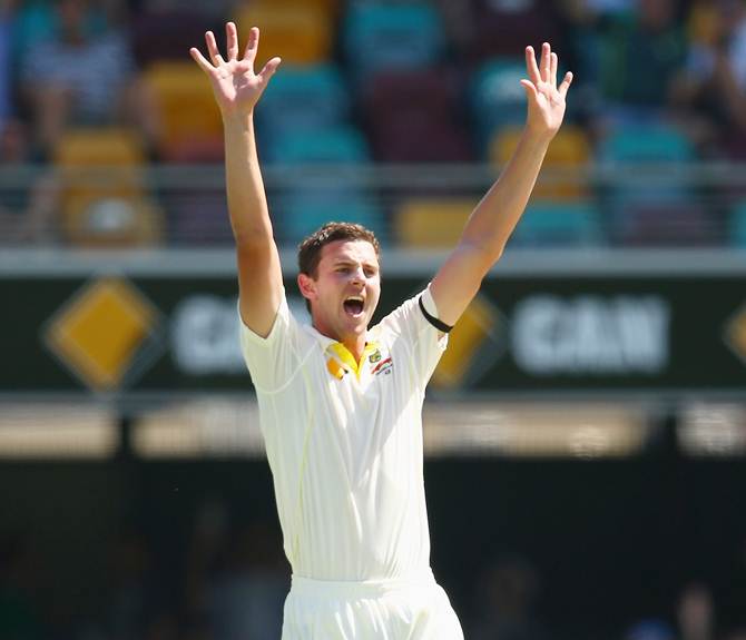 Australia's Josh Hazlewood celebrates a dismissal on Day 2 of the second Test against India at the Gabba