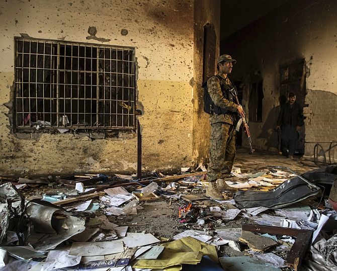 A soldier inside the Army Public School in Peshawar