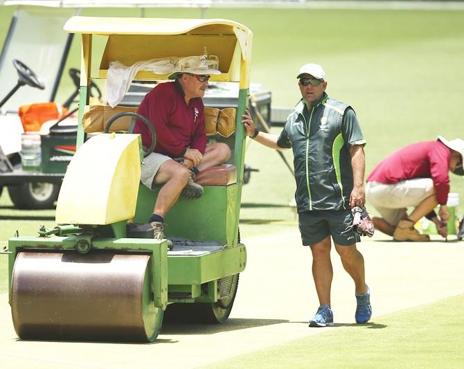 Gabba curator Kevin Mitchell Jr and Darren Lehmann, coach of Australia