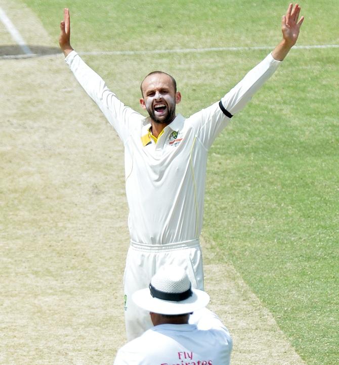 Nathan Lyon of Australia celebrates