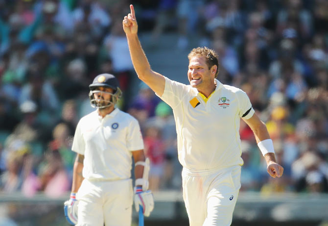 Ryan Harris celebrates after dismissing Shikhar Dhawan