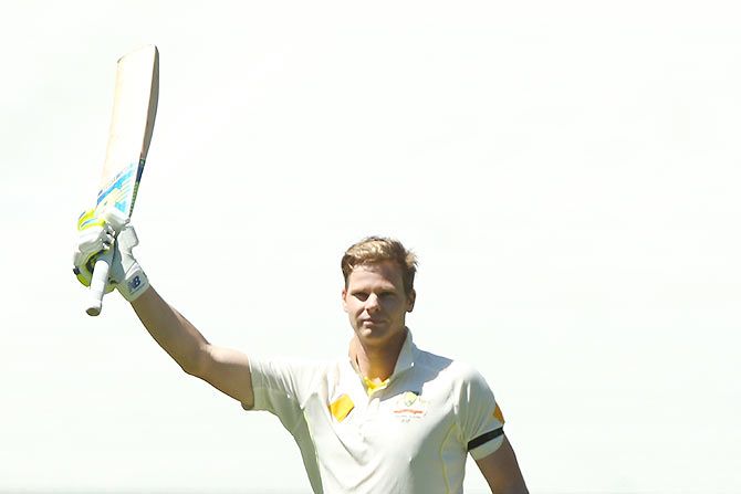Steve Smith of Australia celebrates his century on Day 2 of the Third Test between Australia and India at the Melbourne Cricket Ground on Saturday