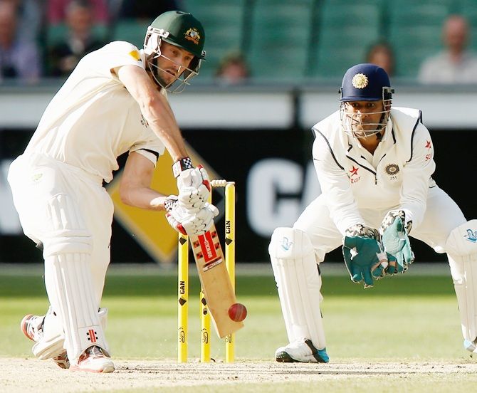 Shaun Marsh of Australia plays a shot through the off side during day four of the third Test