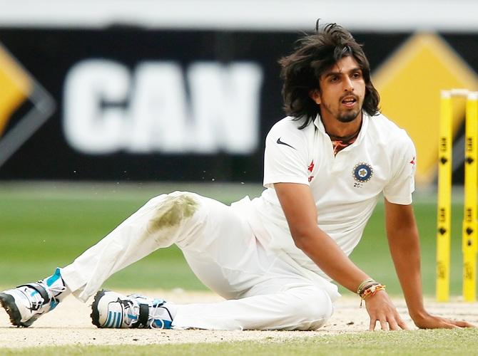 Ishant Sharma of India falls over in his follow through