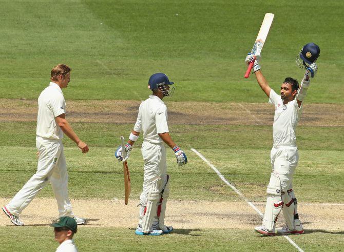  Ajinkya Rahane (right) celebrates after reaching his century