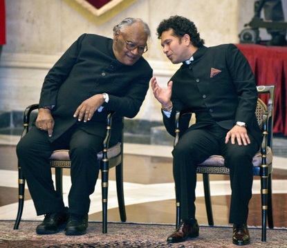 India cricketer Sachin Tendulkar (right) and scientist CNR Rao chat during the investiture ceremony on Tuesday