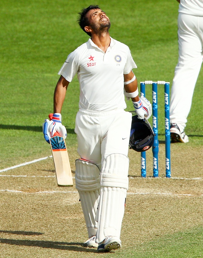Ajinkya Rahane of India celebrates his century during day two of the 2nd Test match between New Zealand and India.