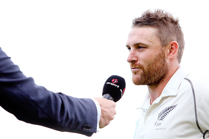 Brendon McCullum of New Zealand is interviewed after finishing the day on 281 runs on in the 2nd Test between New Zealand and India in Wellington on Monday