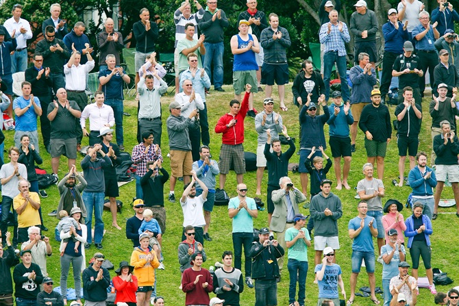 Fans give a standing ovation to Brendon McCullum of New Zealand after reaching 300 runs.
