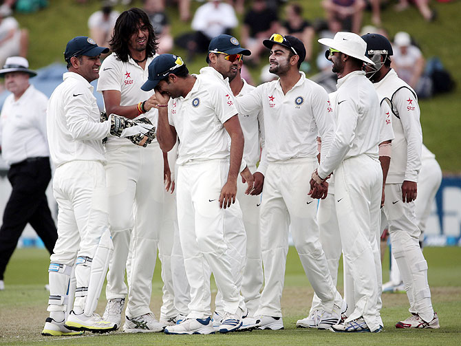 India's players celebrates a dismissal during the second Test against New Zealand