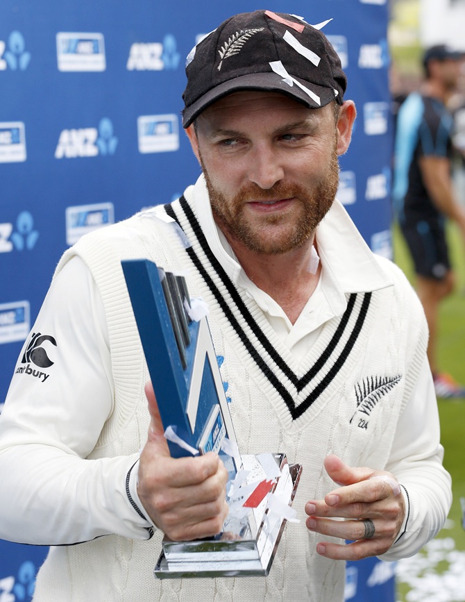 New Zealand captain Brendon McCullum with the trophy after winning the Test series against India