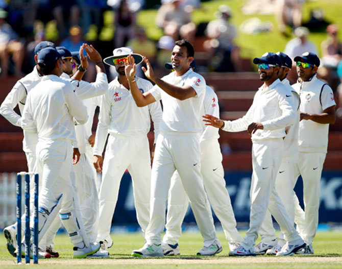 Zaheer Khan celebrates after taking the wicket of Kane Williamson on Day 3 of the second Test